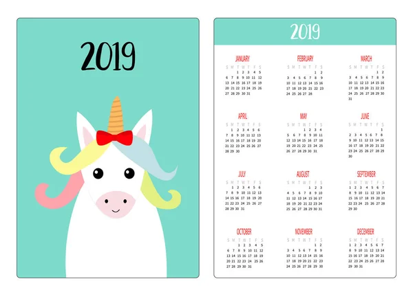 Niedliche Einhorn Tier Kopf Gesicht Rote Schleife Einfaches Taschenkalender Layout — Stockvektor