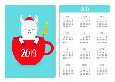 Lama alpaka kahve çay Kupası'nda. Noel ağacı. Noel Baba şapkası. Basit cep Takvim düzeni 2019 yeni yıl. Haftası Pazar günü başlar. Çizgi film karakteri. Dikey yönlendirme. Düz tasarım. Mavi renkli vektör