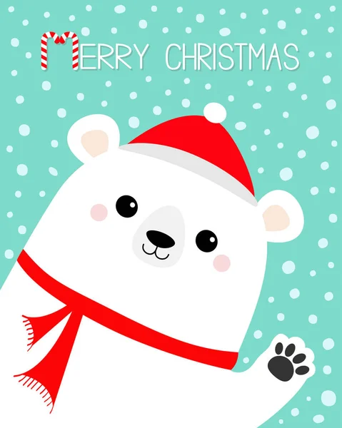 圣诞快乐 大白熊挥动手爪印 红帽子 可爱的卡通搞笑卡瓦伊婴儿角色 新年快乐 平面设计 蓝色雪的背景 — 图库矢量图片