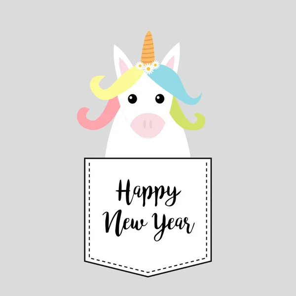 Happy New Year Unicorn Horse Sitting Pocket Red Bow Merry — Stock Vector