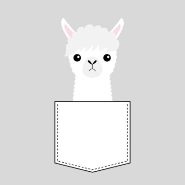 Alpaka Lama yüz baş cebinde. Sevimli çizgi hayvanlar. Kawaii karakter. Kesik çizgi. Beyaz ve siyah renk. T-shirt tasarım. Bebek gri arka plan. İzole. Düz tasarım. Vektör
