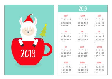 Alpaka Lama çay kahve Kupası'nda. Noel Baba şapkası. Noel ağacı. Basit cep Takvim düzeni 2019 yeni yıl. Haftası Pazar günü başlar. Çizgi film karakteri. Dikey yönlendirme. Düz tasarım. Mavi renkli vektör