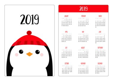 Penguen kafa giyen kış kırmızı şapka. Mutlu Noeller. Basit cep Takvim düzeni 2019 yeni yıl. Haftası Pazar günü başlar. Çizgi film karakteri. Dikey yönlendirme. Düz tasarım. Beyaz arka plan. Vektör