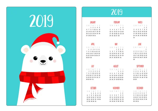 Weißer Eisbär Rote Mütze Schal Einfaches Taschenkalender Layout 2019 Neujahr — Stockvektor