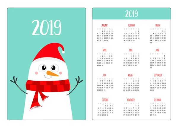Снеговик Красной Шляпе Санта Клауса Шарфе Простой Карманный Календарь 2019 — стоковый вектор