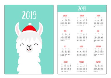 Alpaka Lama yüz başı. Kırmızı şapka, eşarp. Cep Takvim düzeni 2019 yeni yıl. Dikey yönlendirme. Haftası Pazar günü başlar. Sevimli çizgi film komik kawaii bebek karakteri. Düz tasarım. Mavi arka plan. Vektör