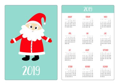 Noel Baba ayakta. Kırmızı şapka. Cep Takvim düzeni 2019 yeni yıl. Dikey yönlendirme. Haftası Pazar günü başlar. Sevimli çizgi kawaii komik bebek karakter. Düz tasarım mavi renkli vektör çizim