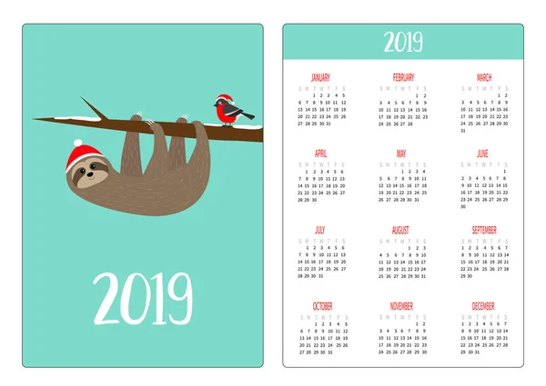 Симпатичний Лінивець Гілці Червоний Санта Капелюх Просте Планування Кишенькового Календаря — стоковий вектор