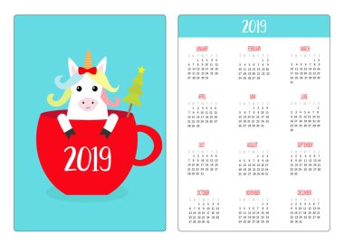 Çay kahve Kupası şirin tek boynuzlu at. Fir Noel ağacı. Basit cep Takvim düzeni 2019 yeni yıl. Haftası Pazar günü başlar. Çizgi film karakteri. Dikey yönlendirme. Düz tasarım. Mavi arka plan. Vektör
