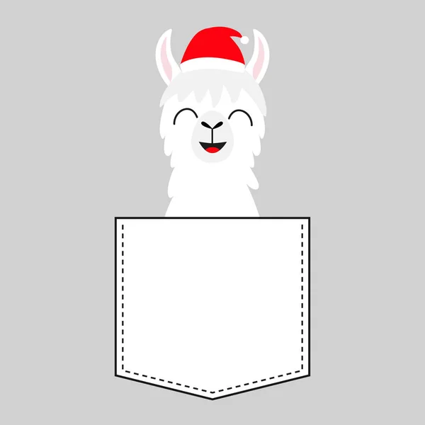 Alpaca Llama Sentada Bolsillo Sombrero Papá Noel Cara Sonriente Lindo — Archivo Imágenes Vectoriales