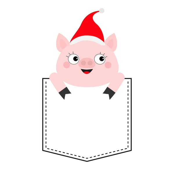 Pig Sitting Pocket Cute Cartoon Character Santa Hat Face Hands — Stock Vector