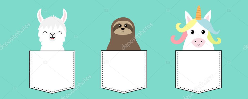 Llama alpaca, sloth, unicorn in the pocket. Animal set. Cute cartoon funny kawaii character. T-shirt, greeting card, poster print. Flat design. Blue background. Vector illustration