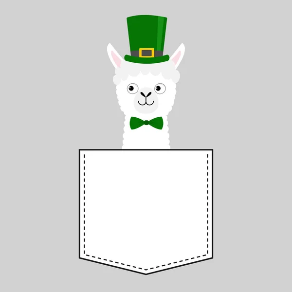 拉玛羊脸头在口袋里 绿色帽子帕特里克天 可爱的卡通动物 川井角色 短跑线路 白色和黑色 T恤设计 婴儿灰色背景 隔离平面设计向量 — 图库矢量图片