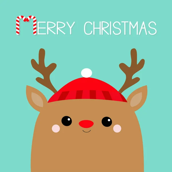 メリークリスマス トナカイ鹿頭顔 赤い帽子 明けましておめでとう 可愛い赤ちゃんのかわいい漫画のキャラクター 面白い動物 フラットなデザイン こんにちは冬 青色の背景色 ベクトル図 — ストックベクタ