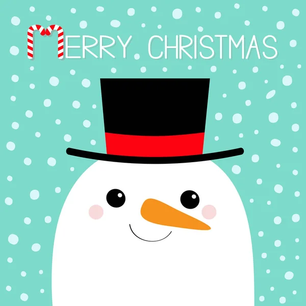 メリークリスマス 雪だるまの顔の頭 ニンジン鼻 黒い帽子 かわいい漫画面白い可愛い文字 冬の雪の背景 明けましておめでとう グリーティング カード フラットなデザイン — ストックベクタ