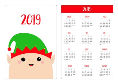 Noel Baba Elf yüz başı. Basit cep Takvim düzeni 2019 yeni yıl. Haftası Pazar günü başlar. Çizgi film karakteri. Dikey yönlendirme. Düz tasarım. Beyaz arka plan. Vektör çizim