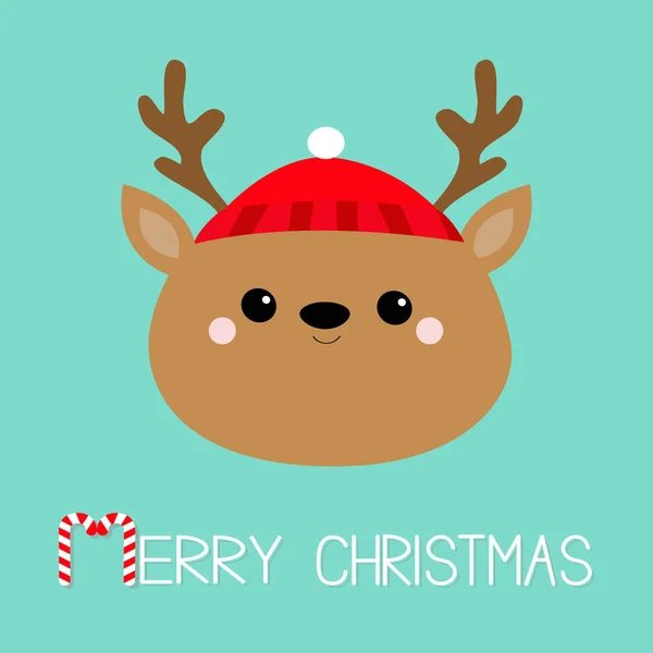 圣诞快乐 雨鹿圆头面图标 红色的帽子 新年快乐 可爱的卡通卡瓦伊婴儿角色 有趣的动物扁平设计 蓝色背景 — 图库矢量图片