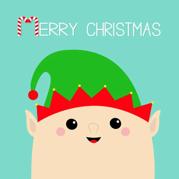 圣诞快乐 圣诞老人精灵的脸头图标 绿色的帽子 新的一年 可爱的卡通搞笑卡瓦伊婴儿角色 平面设计蓝色背景 向量例证 — 图库矢量图片