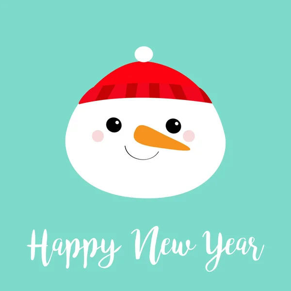 Happy New Year. Snowman round face head icon. Carrot nose, red hat. Cute cartoon funny kawaii character. Merry Christmas. Blue winter background. Greeting card. Flat design. Vector illustration