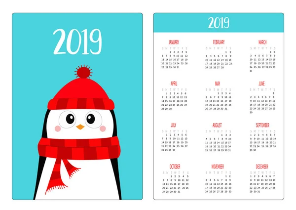 Пінгвін Носіння Червона Шапочка Шарф Різдвом Простий Кишеньковий Календар Макет — стоковий вектор