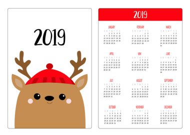 Raindeer geyik yüz baş. Kırmızı şapka, boynuzları. Basit cep Takvim düzeni 2019 yeni yıl. Haftası Pazar günü başlar. Çizgi film karakteri. Dikey yönlendirme. Düz tasarım. Beyaz arka plan. Vektör çizim