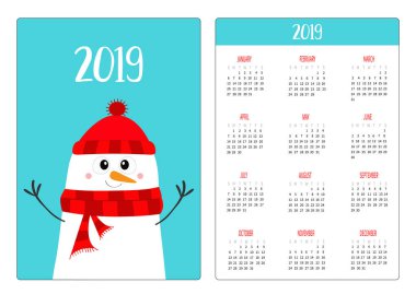 Kırmızı şapka ve atkı giymek kardanadam. Basit cep Takvim düzeni 2019 yeni yıl. Haftası Pazar günü başlar. Çizgi film karakteri. Dikey yönlendirme. Düz tasarım. Mavi arka plan. Vektör çizim