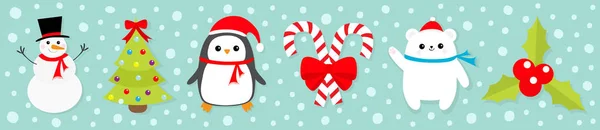 Merry Christmas Pictogrammenset Sneeuwpop Candy Cane Stick Rode Boog Pinguïn — Stockvector