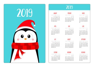 Penguen kırmızı Santa şapka ve atkı takmış. Mutlu Noeller. Basit cep Takvim düzeni 2019 yeni yıl. Haftası Pazar günü başlar. Çizgi film karakteri. Dikey yönlendirme. Düz tasarım. Mavi arka plan. Vektör