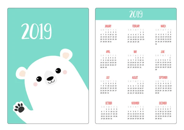Biały Niedźwiedź Macha Ręką Lap Kieszeń Prosty Kalendarz Układ 2019 — Wektor stockowy