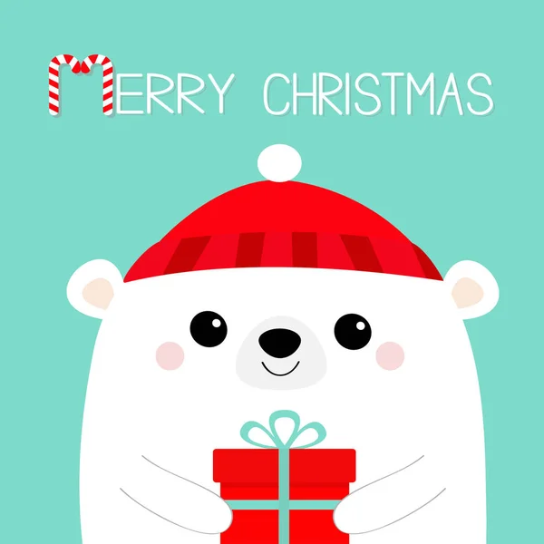 メリークリスマス 白いシロクマは ギフト用の箱をかかえて顔を頭します 赤い帽子 明けましておめでとう 可愛い赤ちゃんのかわいい漫画のキャラクター 面白い動物 フラットなデザイン こんにちは冬 青色の背景色 — ストックベクタ
