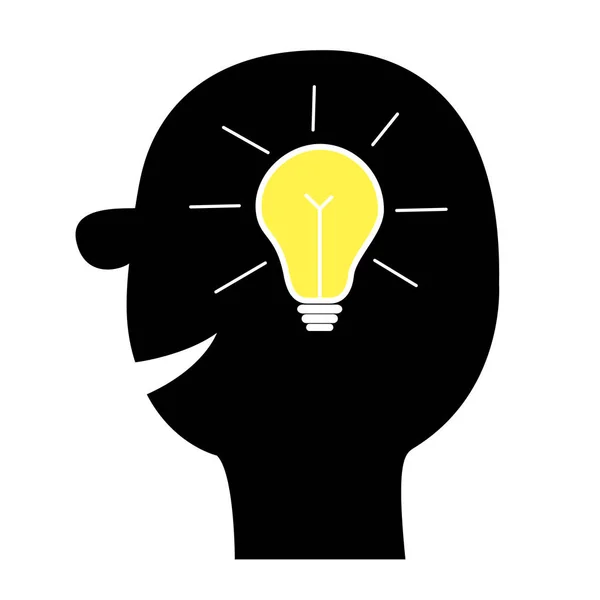 人間の顔アイコン 黒のシルエット 脳の中の頭の中のアイデアの電球 輝く効果 思考プロセス ランプの黄色のスイッチ ビジネスの成功の概念 フラットなデザイン ホワイト背景ベクトル — ストックベクタ