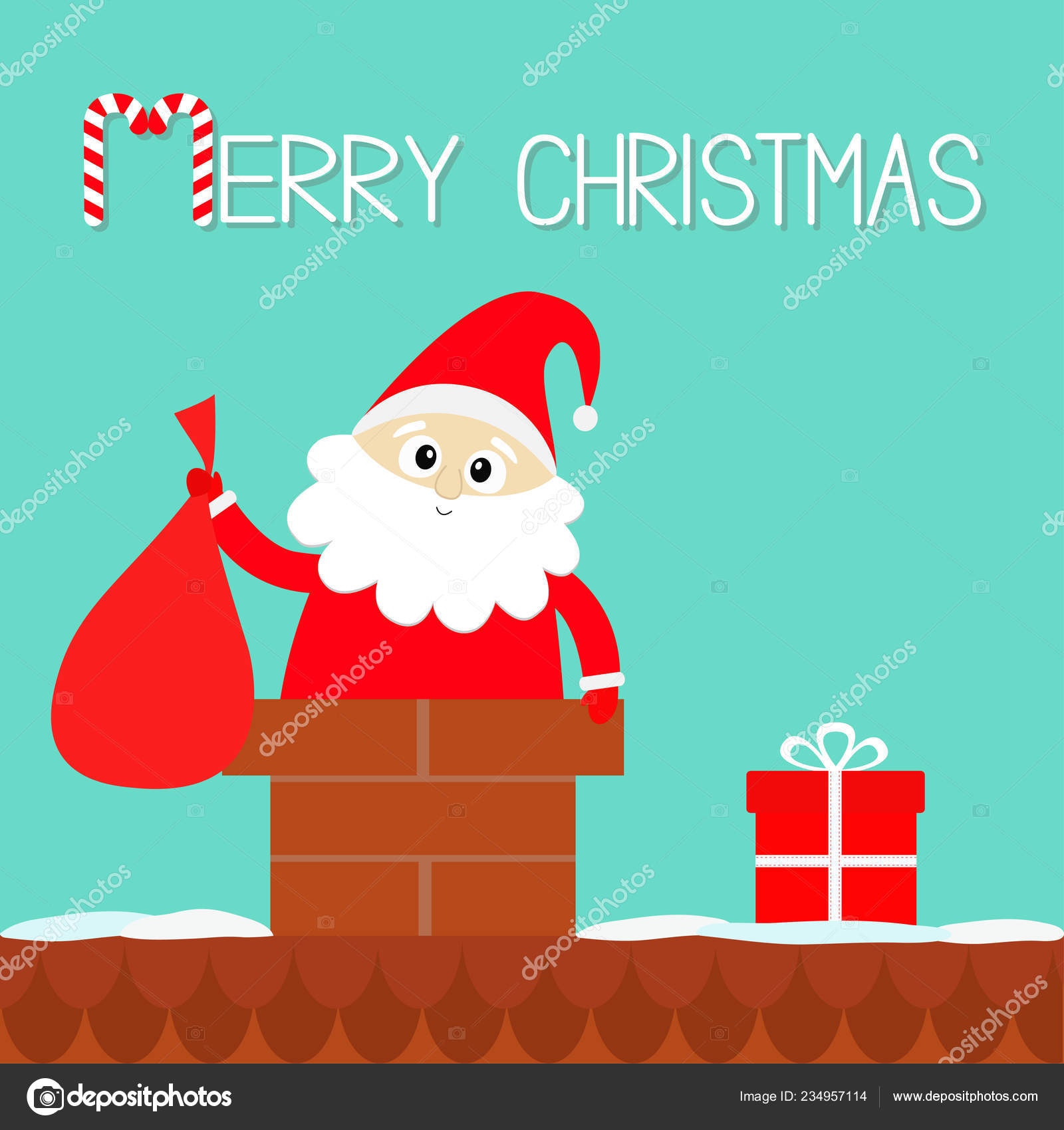 Merry Christmas Santa Claus Roof Chimney Holding Bag Red Hat