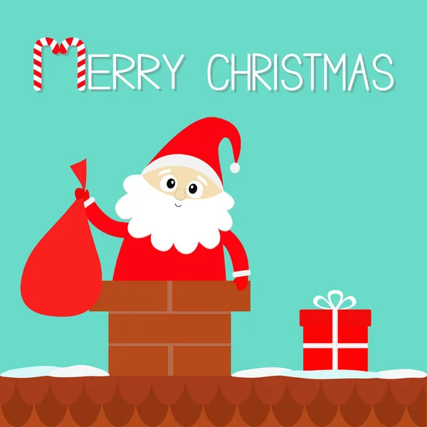 Feliz Navidad Santa Claus Bolsa Chimenea Del Techo Sombrero Rojo — Vector de stock