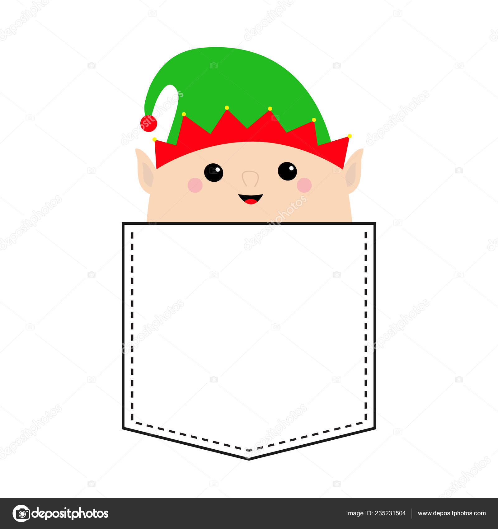 Santa Claus Elf Face Head Icon Green Hat Shirt Pocket Stock