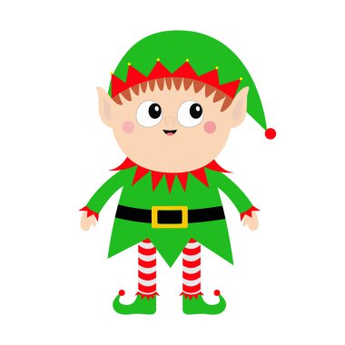 Mutlu Noeller. Noel Baba Elf simgesi. Yeşil şapkalı. Yeni Yılınız Kutlu Olsun. Sevimli çizgi film komik kawaii bebek karakteri. Düz tasarım. İzole. Beyaz arka plan. Vektör çizim