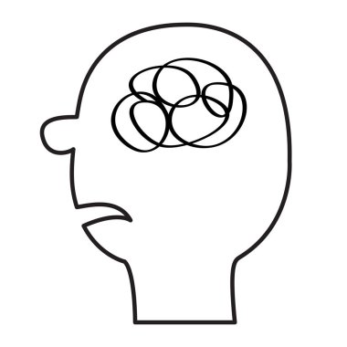 İnsan yüzü simgesi. Siyah çizgi siluet. Kafasının içinde beyin Ravel karalamak. Ruh sağlığı kavramı. Psikoterapi. Düşünme süreci. Düz tasarım. Beyaz arka plan. İzole. Vektör çizim