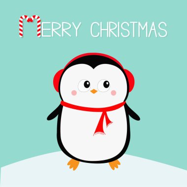 Mutlu Noeller. Penguen rüzgârla oluşan kar yığını üzerinde. Kırmızı kulaklık şapka. Yeni Yılınız Kutlu Olsun. Sevimli çizgi kawaii bebek karakter. Arktik hayvan. Düz tasarım. Merhaba kış. Mavi arka plan. Vektör çizim