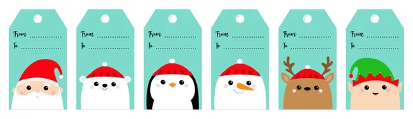クリスマス ギフト タグを設定します サンタ クロースのエルフ ホワイト シロクマ雪だるまトナカイ鹿ペンギン鳥顔 新しい年 面白い可愛い赤ちゃんのかわいい漫画のキャラクター フラットなデザインの青い雪の背景 — ストックベクタ