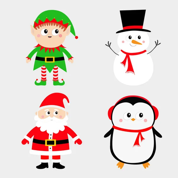 Santa Claus Elf Snowman Penguin Instellen Gelukkig Nieuwjaar Vrolijk Kerstfeest — Stockvector