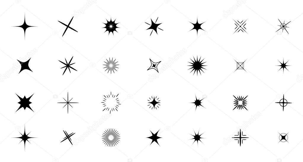 Sparkles Stars sign symbol set. Cute shape collection. Christmas decoration element. Black color on white background. Flat design. Vector illustration