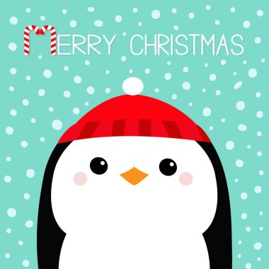 Mutlu Noeller. Penguen baş yüz. Kırmızı şapka. Yeni Yılınız Kutlu Olsun. Sevimli çizgi kawaii bebek karakter. Arktik hayvan. Düz tasarım. Merhaba kış. Mavi kar arka plan. Vektör çizim