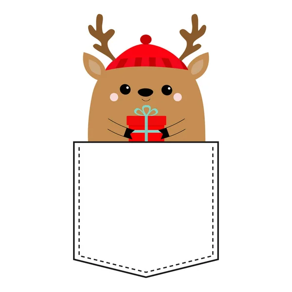 トナカイ鹿頭のギフト用の箱をかかえて顔 シャツ ポケット 赤い帽子 メリークリスマス ハピィ新年 可愛い赤ちゃんのかわいい漫画のキャラクター 面白い動物 フラットなデザイン 白い背景 — ストックベクタ
