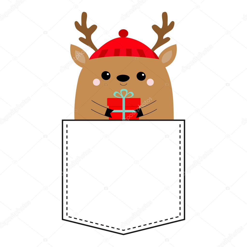 Raindeer deer head face holding gift box. T-shirt pocket. Red hat, nose, horns. Merry Christmas. Hapy New Year. Cute cartoon kawaii baby character. Funny animal. Flat design. White background. Vector