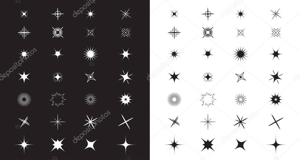Sparkles and Stars Cute shape collection. Christmas decoration elements. Black and white background. 