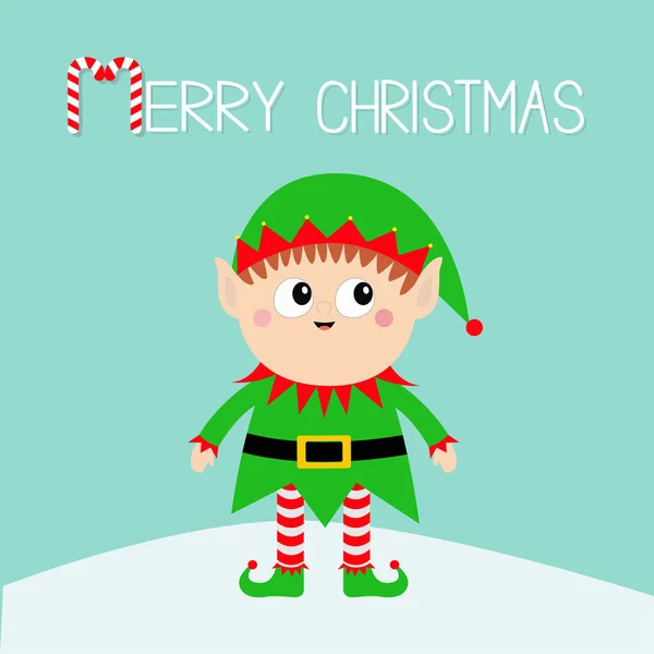 Merry Christmas Santa Claus Elf Standing Snowdrift Green Hat Happy — Stock Vector