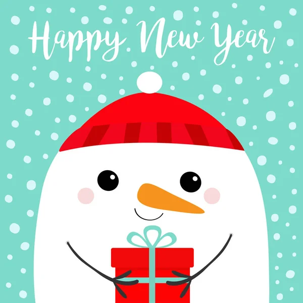 Новым Годом Голова Снеговика Держит Подарочную Коробку Красная Шляпа Счастливого — стоковый вектор