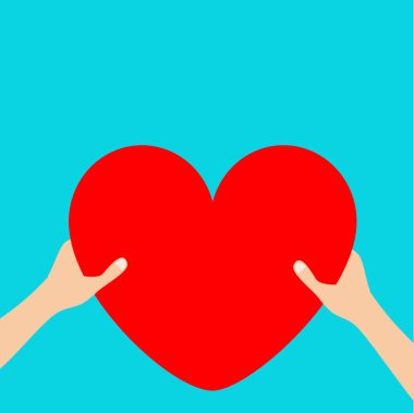 Kırmızı tutan eller kollar simgesi Şekil işareti kalp. Sevgililer günün kutlu olsun. Tebrik kartı. Düz tasarım stili. Aşk ruh hediye kavramı. Vücut parçası kadar kapatın. Mavi arka plan. İzole. Vektör çizim