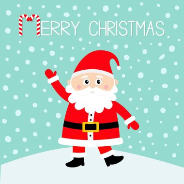 Mutlu Noeller. Rüzgârla oluşan kar yığını üzerinde Noel Baba. Yeni Yılınız Kutlu Olsun. Beyaz bıyıkları, sakal. Kırmızı şapka. Sevimli çizgi film komik kawaii bebek karakteri. Tebrik kartı. Düz tasarım. Mavi kar arka plan. Vektör