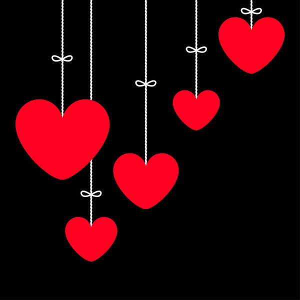 Red heart icon set. Happy Valentines day sign symbol simple template. Hanging dash line, bow. Cute graphic object. Flat design style. Love greeting card. Isolated. Black background Vector illustration