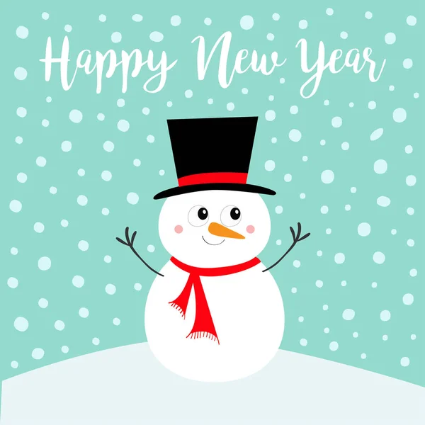 Новым Годом Снеговик Стоит Сугробе Морковный Нос Черная Шляпа Merry — стоковый вектор
